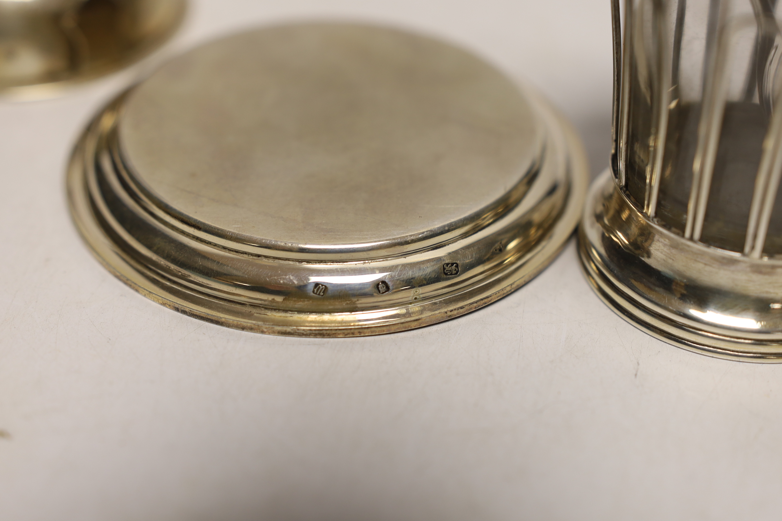 A modern silver wine funnel and stand by J.A. Campbell, 12cm and a French white metal mounted glass mustard pot, with plated spoon.